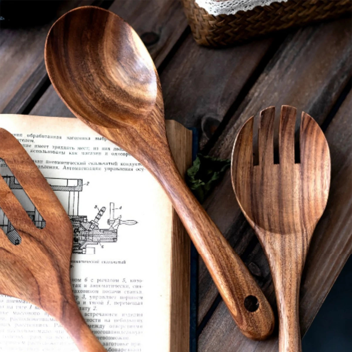 Wooden Kitchen Tools β Spatula, Spoon & Fork Set with Storage
